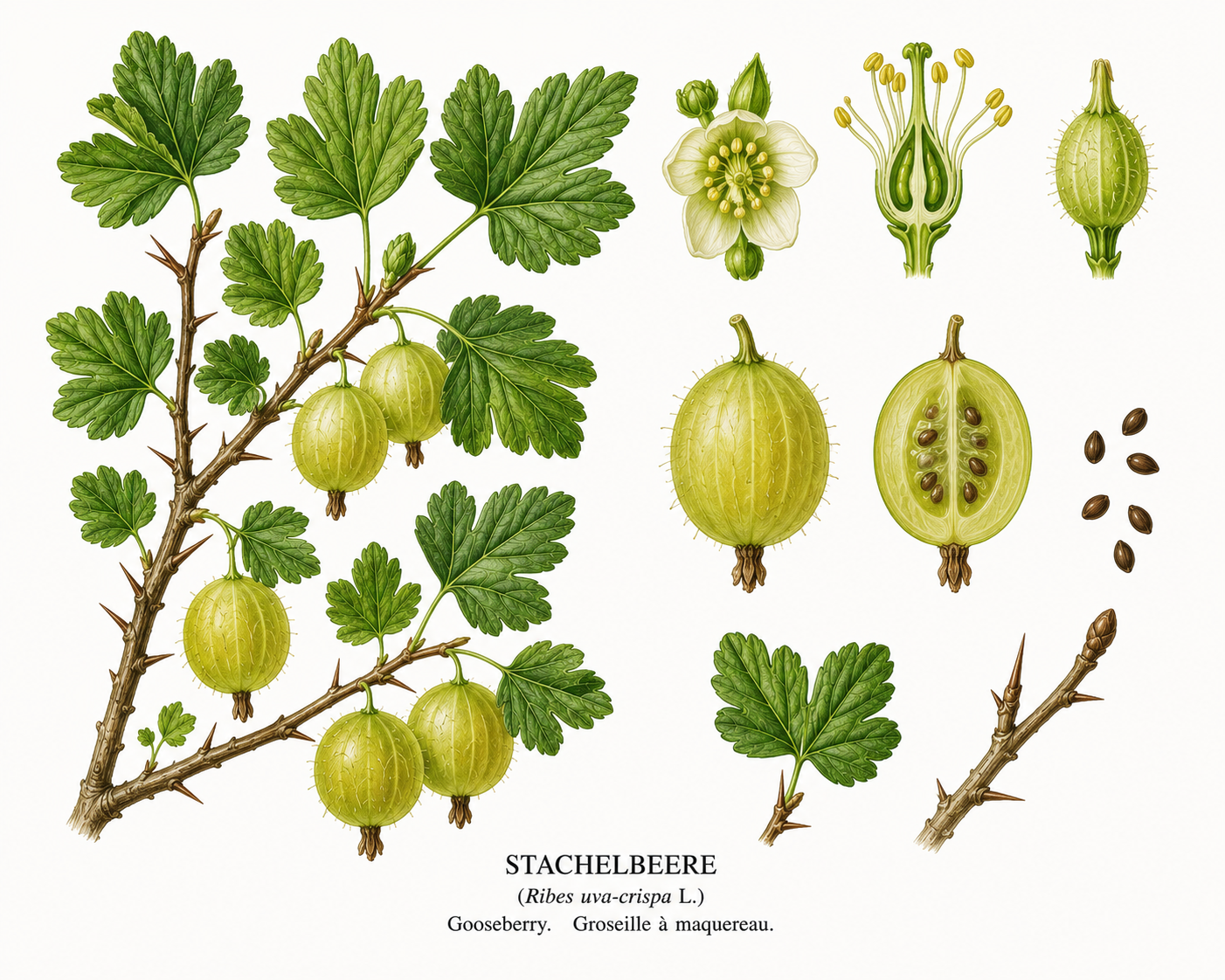 gooseberry plant card: Fruit, Gooseberry family, Harvest Jun, Jul, Aug