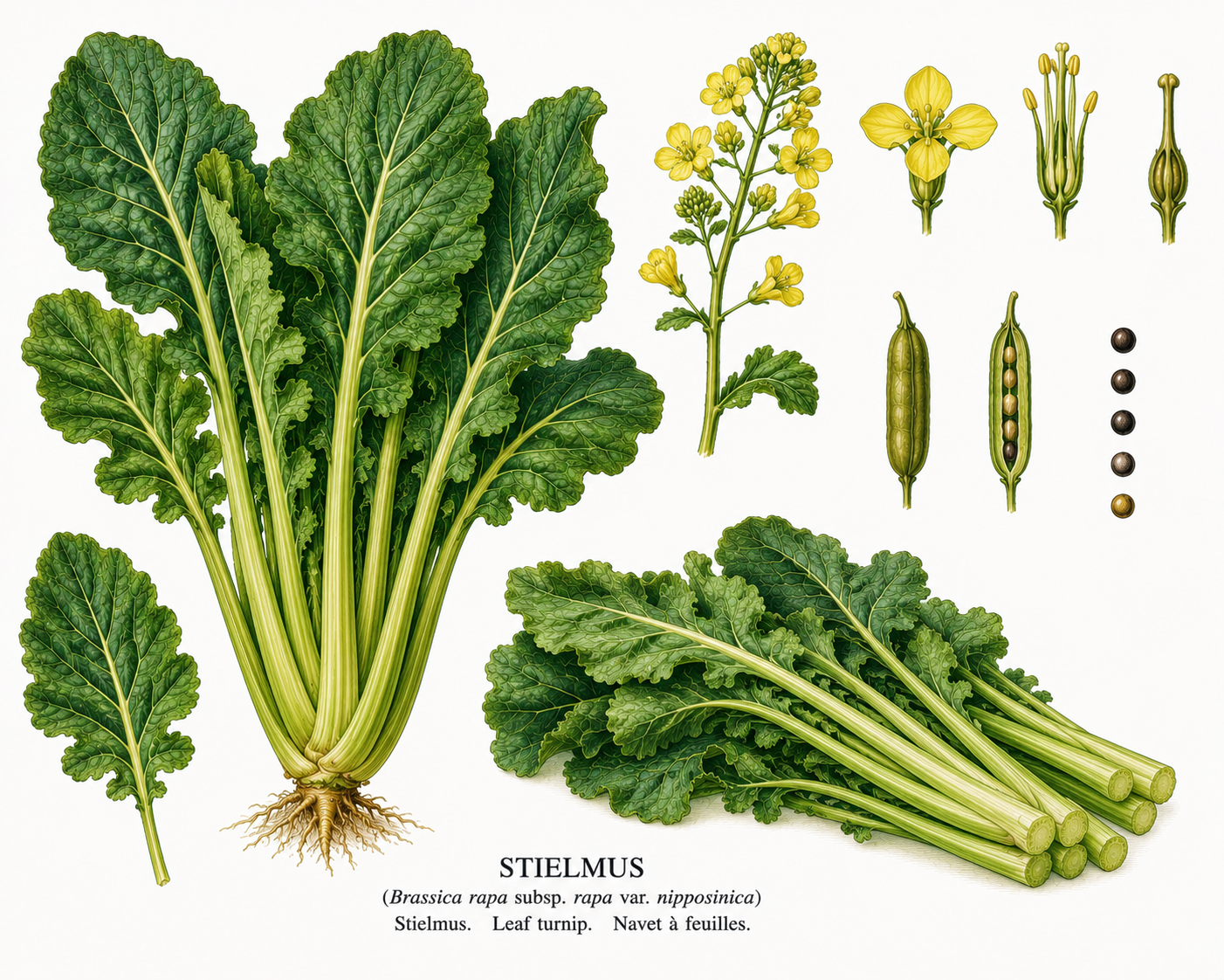 Stielmus plant card: Vegetables, Mustard family, Harvest Apr, May, Jun, Jul, Aug, Sep, Oct