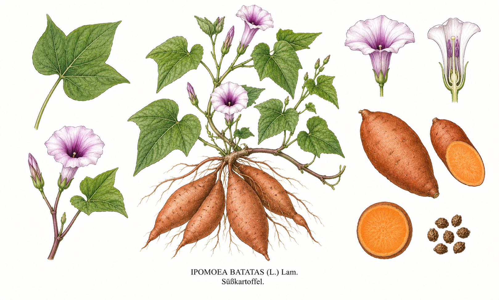 sweet potato plant card: Vegetables, morning glory, Harvest Sep, Oct