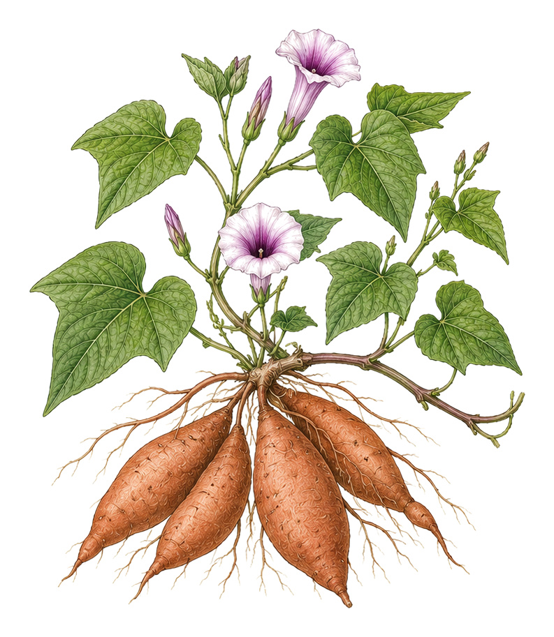 Süßkartoffel (Ipomoea batatas): Sukartoffel für Pflanzenportrait - Wurzelgemüse, Windengewächse, Ernten September - Oktober