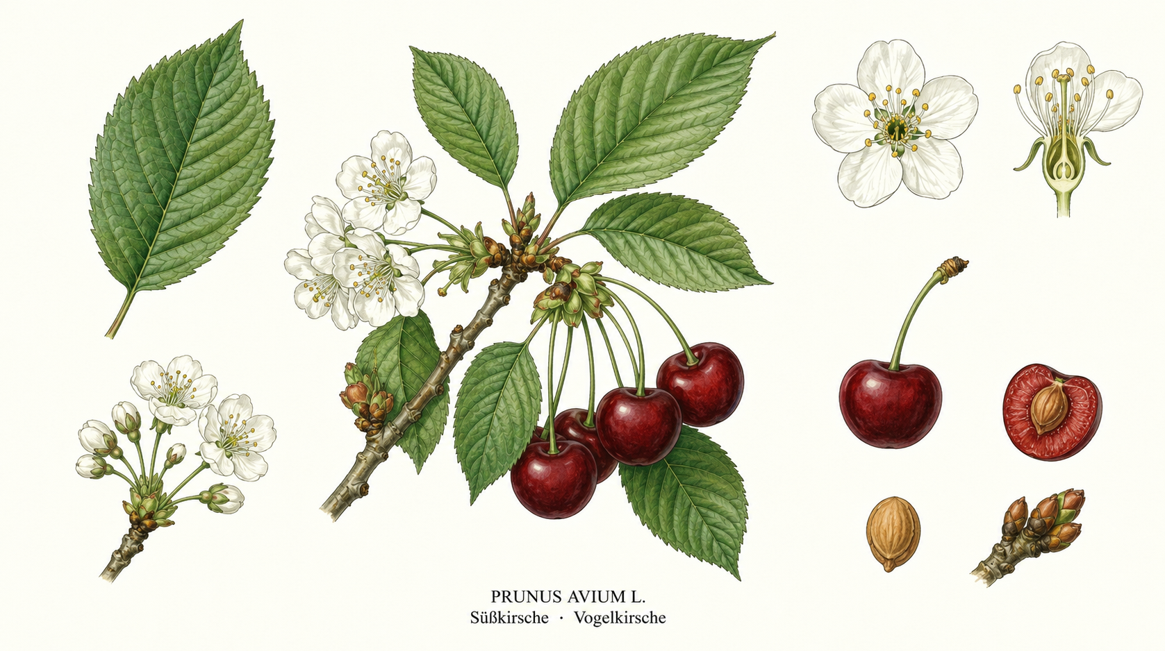 Süßkirsche Pflanzenkarte: Obst, Rosengewächse, Ernten Jun, Jul, Aug