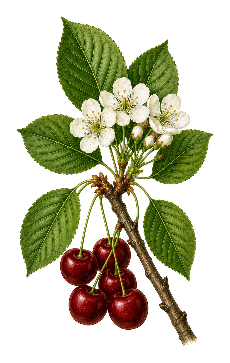 sweet cherry (Prunus avium): Sukirsche for plant portrait - Stone fruit, Rose family, Harvest June - August