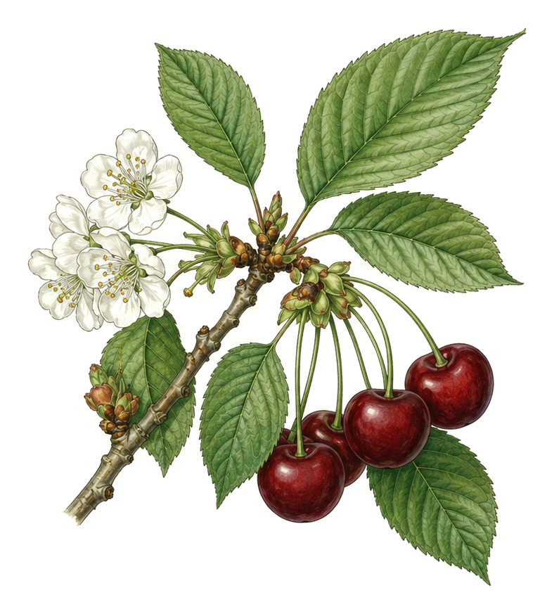 sweet cherry (Prunus avium): Sukirsche for plant portrait - Stone fruit, Rose family, Harvest June - August