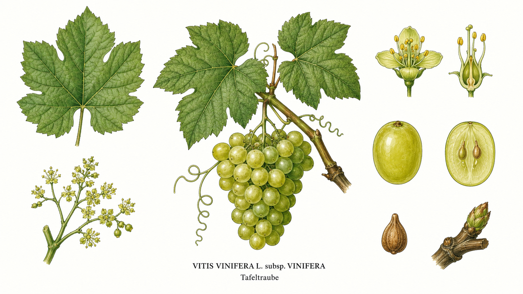 Tafeltraube (Vitis vinifera): Pflanzenportrait für Pflanzenportrait - Obst, Weinrebengewächse, Ernten Aug, Sep, Okt