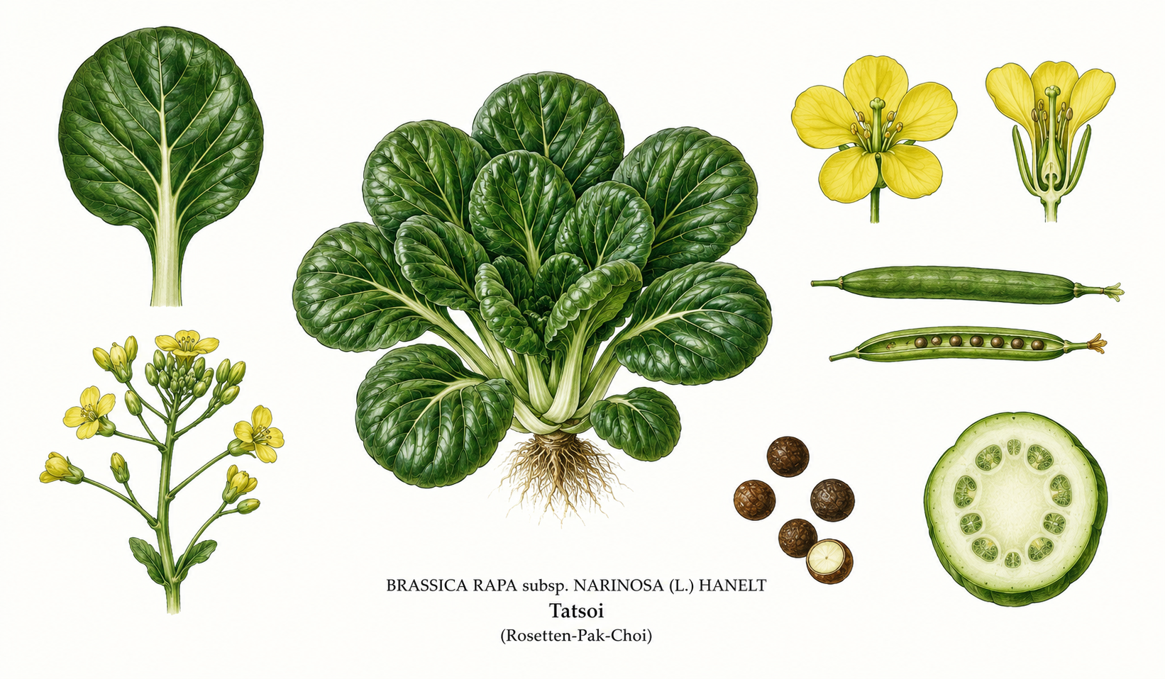 Tatsoi plant card: Vegetables, Mustard family, Harvest Apr, May, Jun, Jul, Aug, Sep, Oct, Nov
