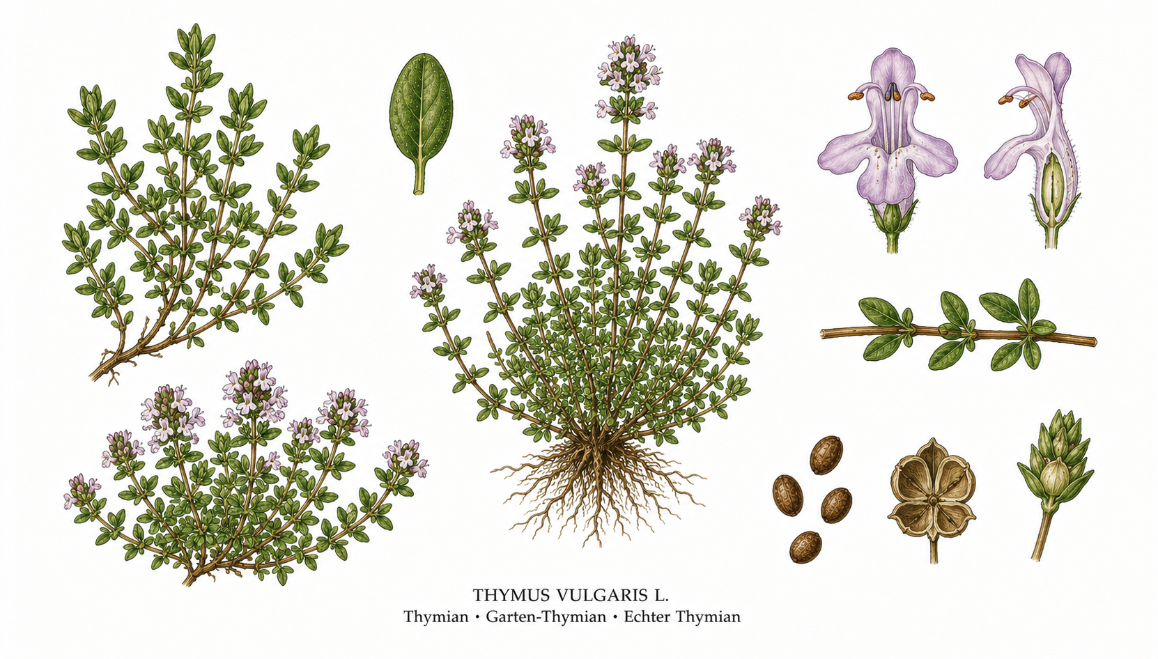 Thymian Pflanzenkarte: Kräuter, Lippenblütler, Ernten Mai, Jun, Jul, Aug, Sep