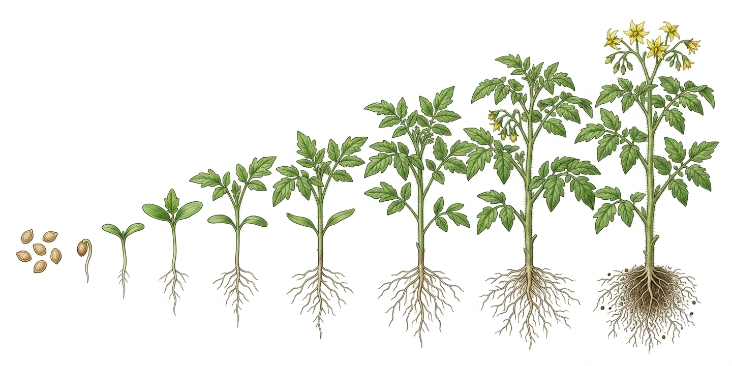Botanical illustration showing the growth stages of a tomato plant from seed to flowering plant