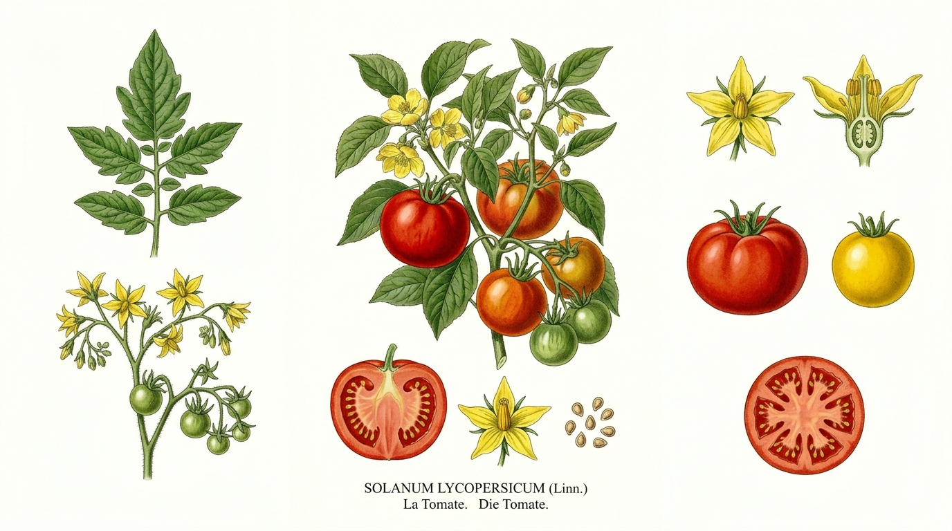 tomato plant card: Fruit vegetables, nightshade family, Harvest Jul, Aug, Sep, Oct