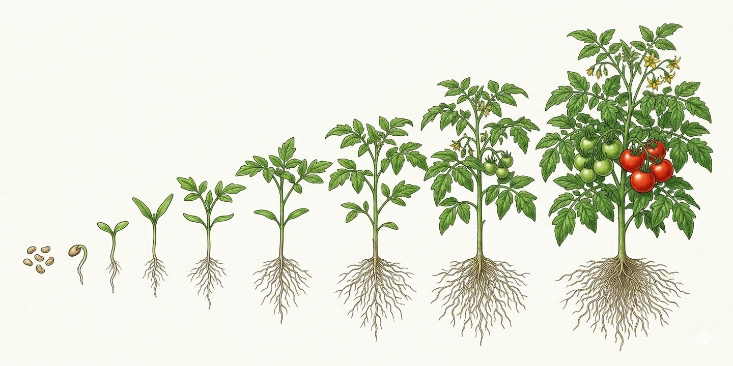 Anbau-Zeitplan für Tomate (Solanum lycopersicum) mit Monaten für Aussaat, Pflanzung, Pflege und Ernte