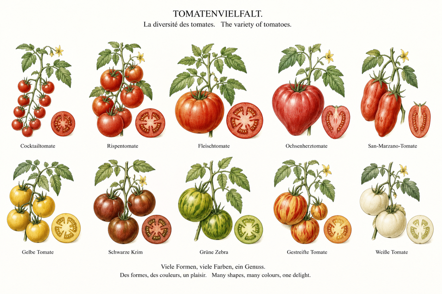 Tomate (Solanum lycopersicum): Vielfalt für Mischkultur - Fruchtgemüse, Nachtschattengewächse, Ernten Jul, Aug, Sep, Okt