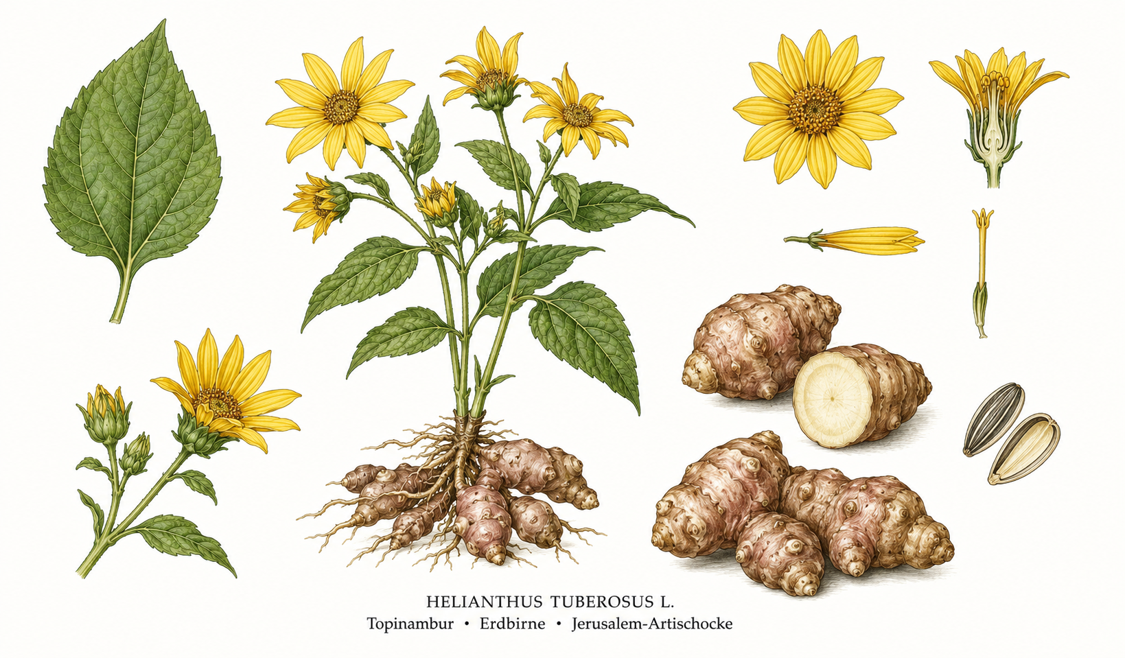Topinambur (Helianthus tuberosus): Pflanzenportrait für Pflanzenportrait - Gemüse, Korbblütler, Ernten Jan, Feb, Mär, Okt