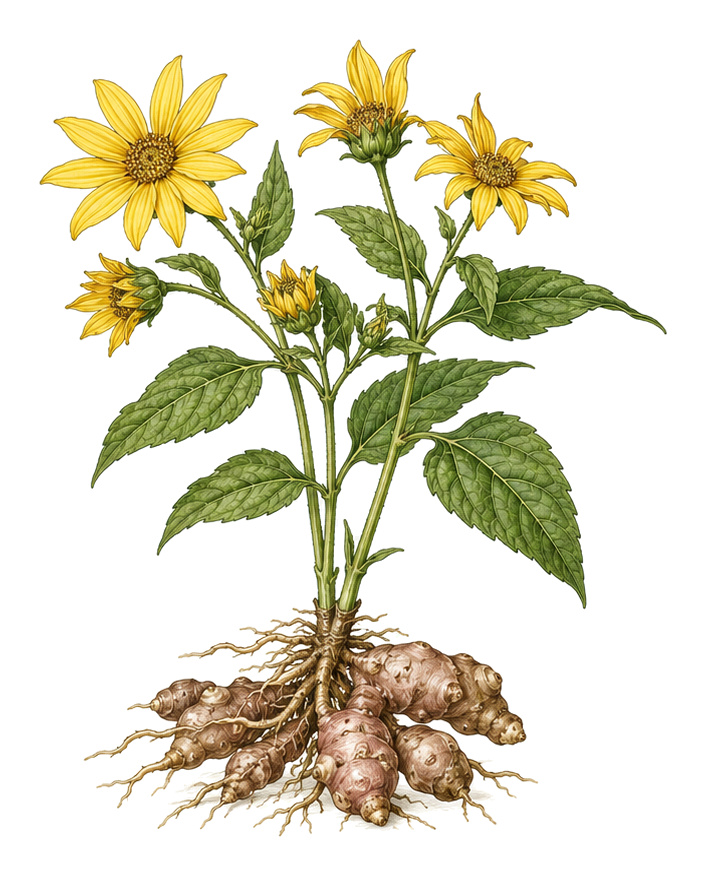 Jerusalem artichoke (Helianthus tuberosus): whole plant for plant portrait - Root vegetables, Aster family, Harvest January