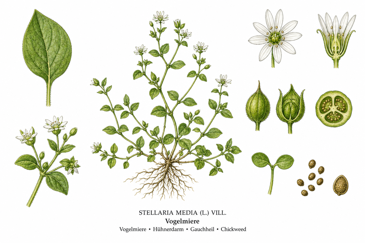 Common chickweed plant card: Wild plants, Pink family, Harvest Mar, Apr, May, Jun, Jul, Aug, Sep, Oct, Nov