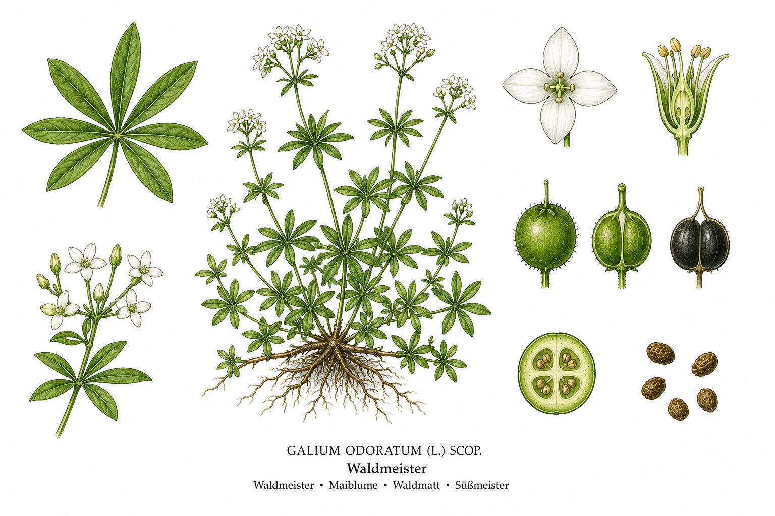 Waldmeister (Galium odoratum): Pflanzenportrait für Pflanzenportrait - Krappgewächse, Ernten Apr, Mai, Direktsaat Mär, Apr