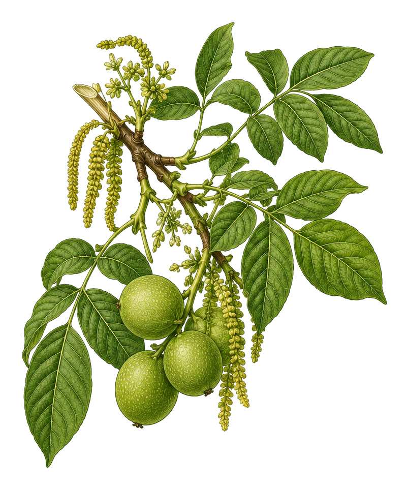 Common Walnut (Juglans regia): 2 for plant portrait - Nuts, Walnut family, full sun