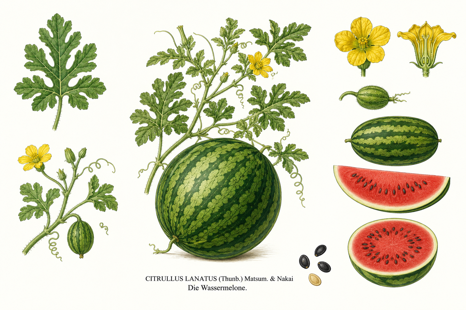 watermelon plant card: Fruit, Gourd family, Harvest Aug, Sep, Oct