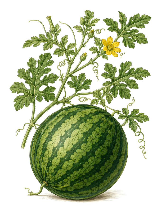 watermelon (Citrullus lanatus): whole plant for plant portrait - Cucurbits, Gourd family, Harvest August - October