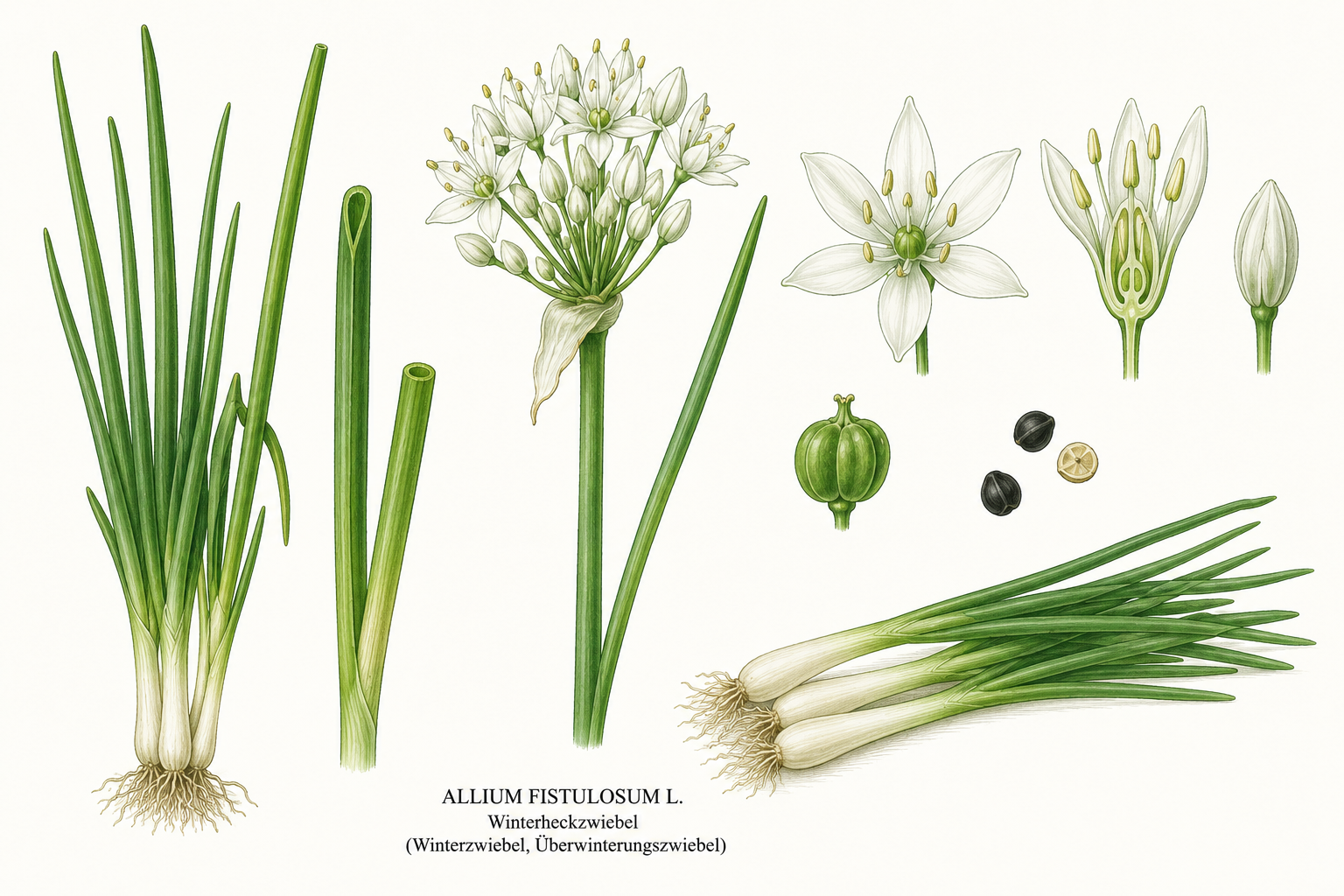 Winter Heath Onion (Allium fistulosum): plant portrait for plant portrait - Vegetables, Amaryllis family, Harvest Mar, Apr