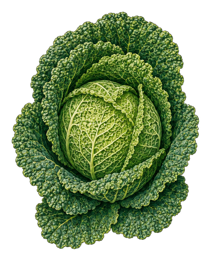 Savoy cabbage (Brassica oleracea var. sabauda): whole plant for plant portrait - Cabbages, Cabbage family, Harvest July