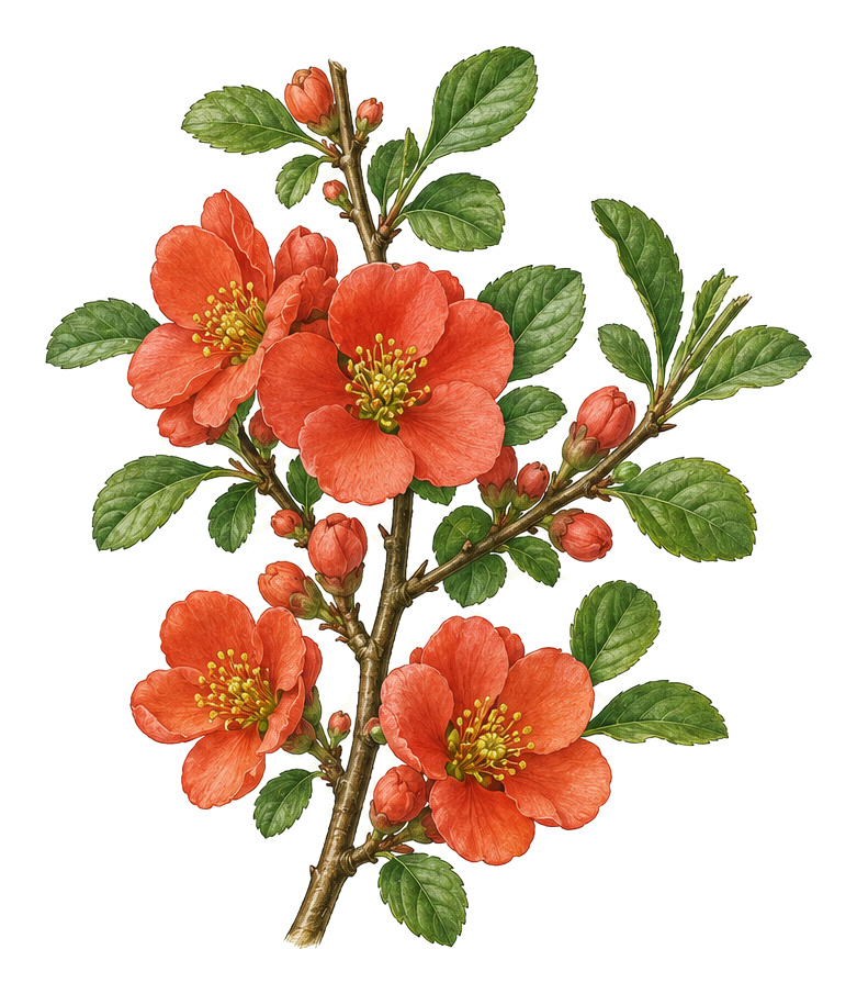 Zierquitte (Chaenomeles): Ganze Pflanze für Pflanzenportrait - Zierpflanzen, Rosengewächse, volle Sonne