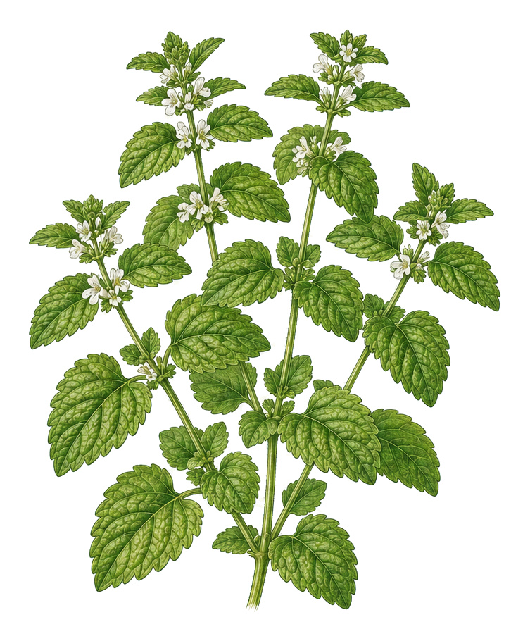 Lemon Balm (Melissa officinalis): whole plant for plant portrait - Herbs, Mint family, Sunny to partial shade
