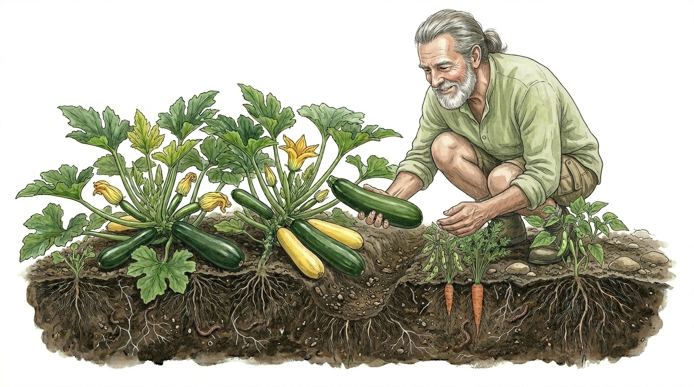 Botanical illustration of an older bearded man crouching in the garden, inspecting ripe zucchini on the vine, surrounded by