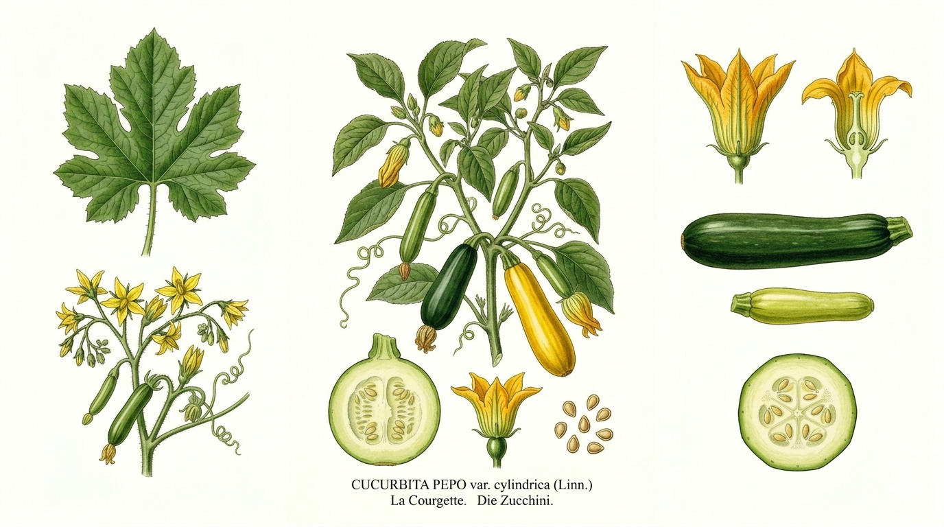 Zucchini plant card: Vegetables, Gourd family, Harvest Jun, Jul, Aug, Sep, Oct