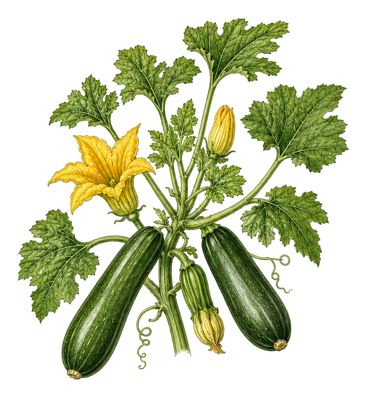 Zucchini (Cucurbita pepo var. cylindrica): 2 for plant portrait - Cucurbits, Gourd family, Harvest June - October