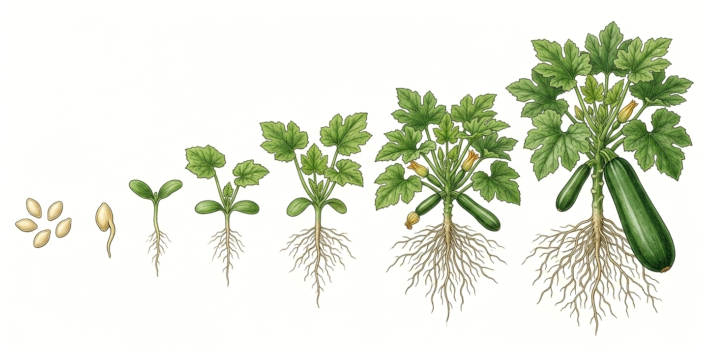 Anbau-Zeitplan für Zucchini (Cucurbita pepo var. cylindrica) mit Monaten für Aussaat, Pflanzung, Pflege und Ernte