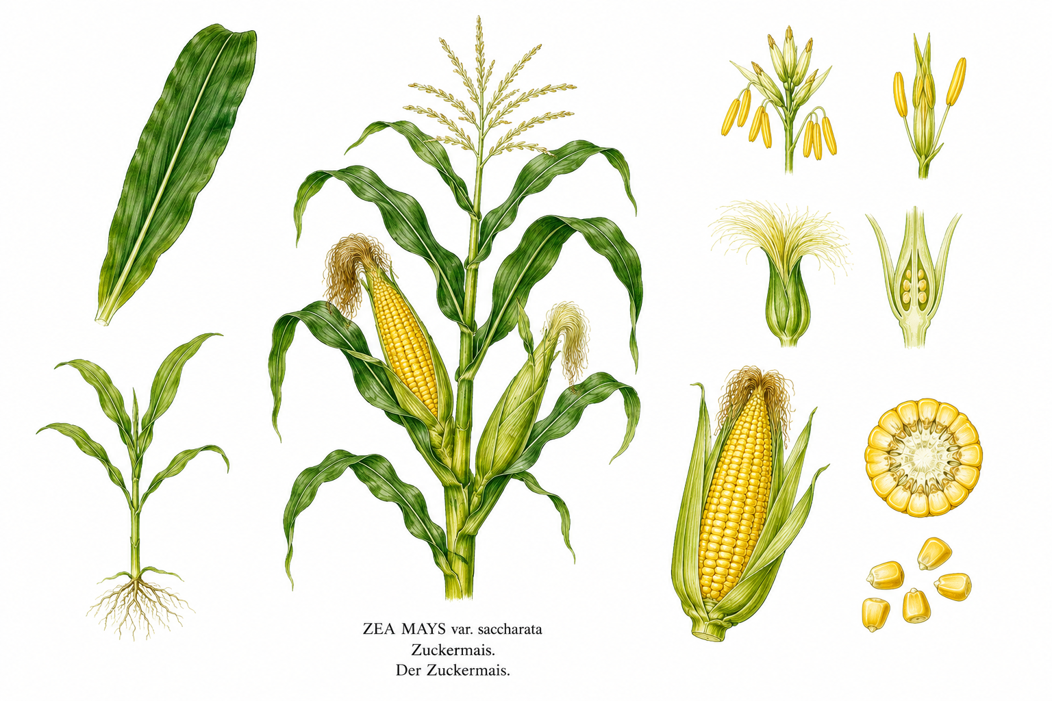 Sweet corn (Zea mays Saccharata Group): plant portrait for plant portrait - Vegetables, Grasses, Harvest Aug, Sep, Oct