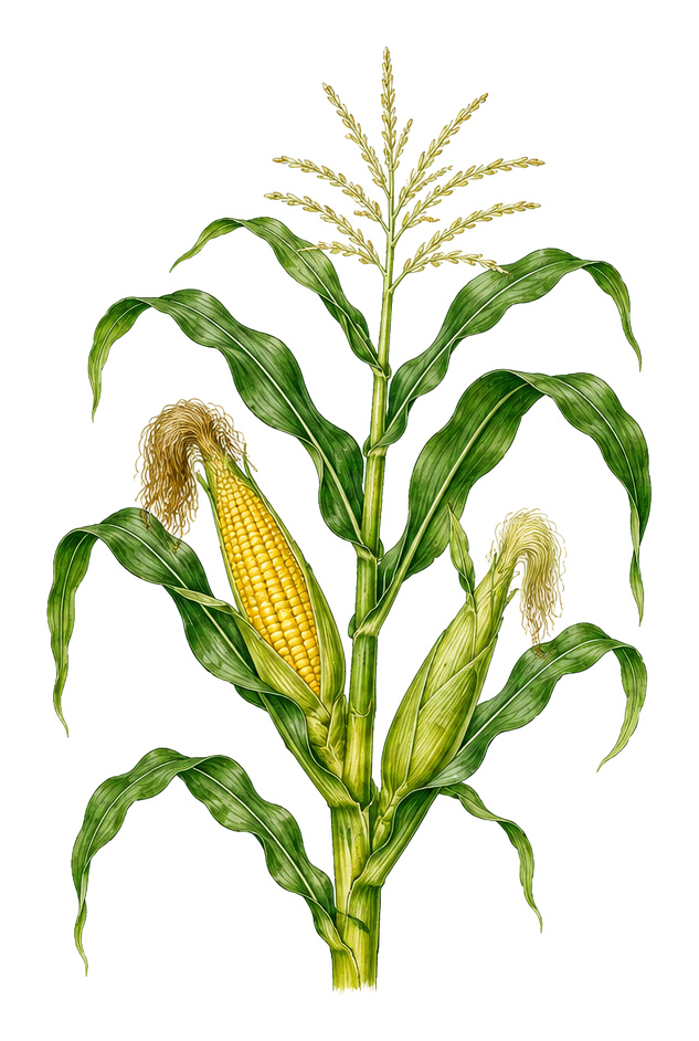 Sweet corn (Zea mays Saccharata Group): whole plant for plant portrait - Vegetables, Grasses, Harvest August - October