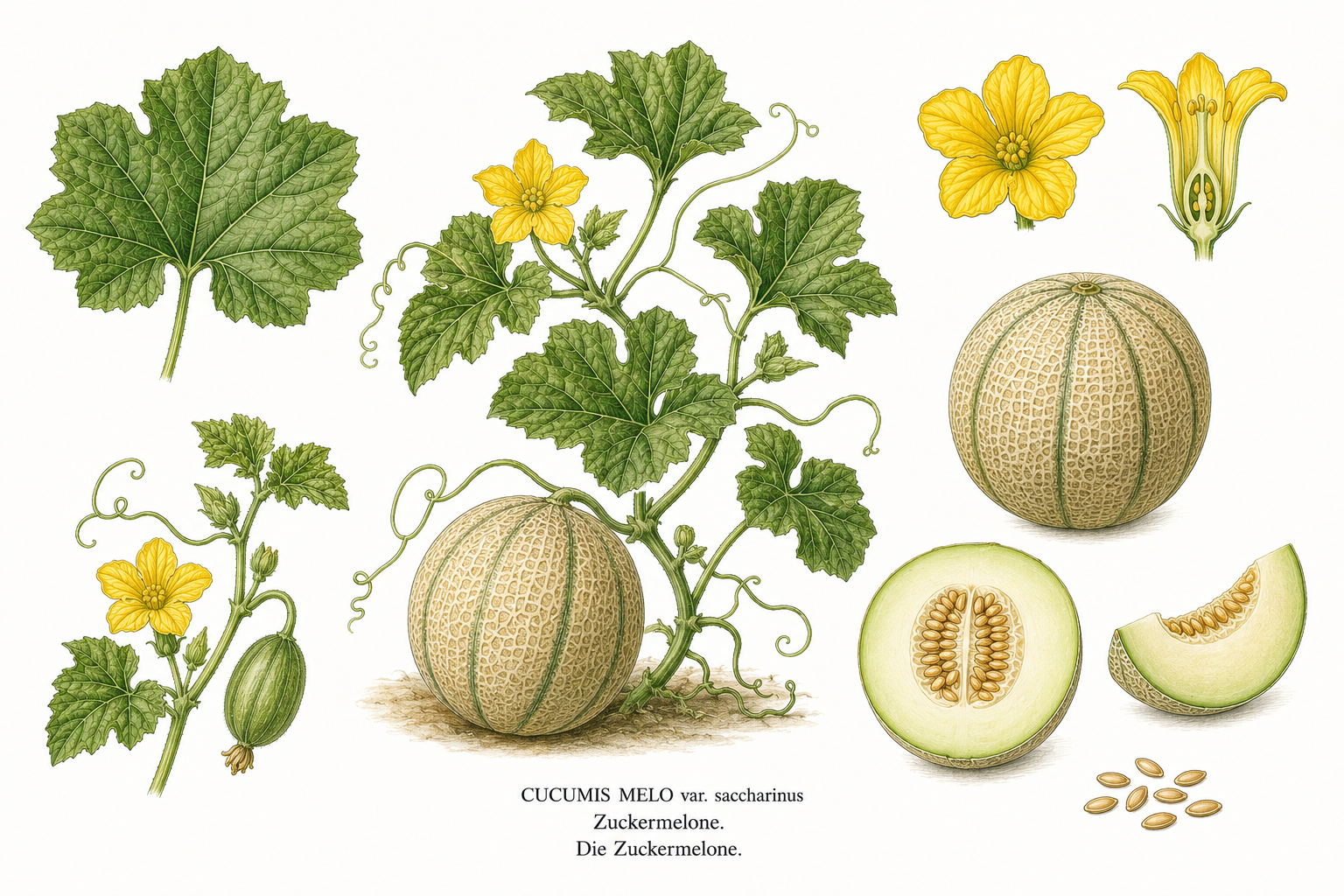 Zuckermelone (Cucumis melo): Pflanzenportrait für Pflanzenportrait - Gemüse, Kürbisgewächse, Ernten Jul, Aug, Sep