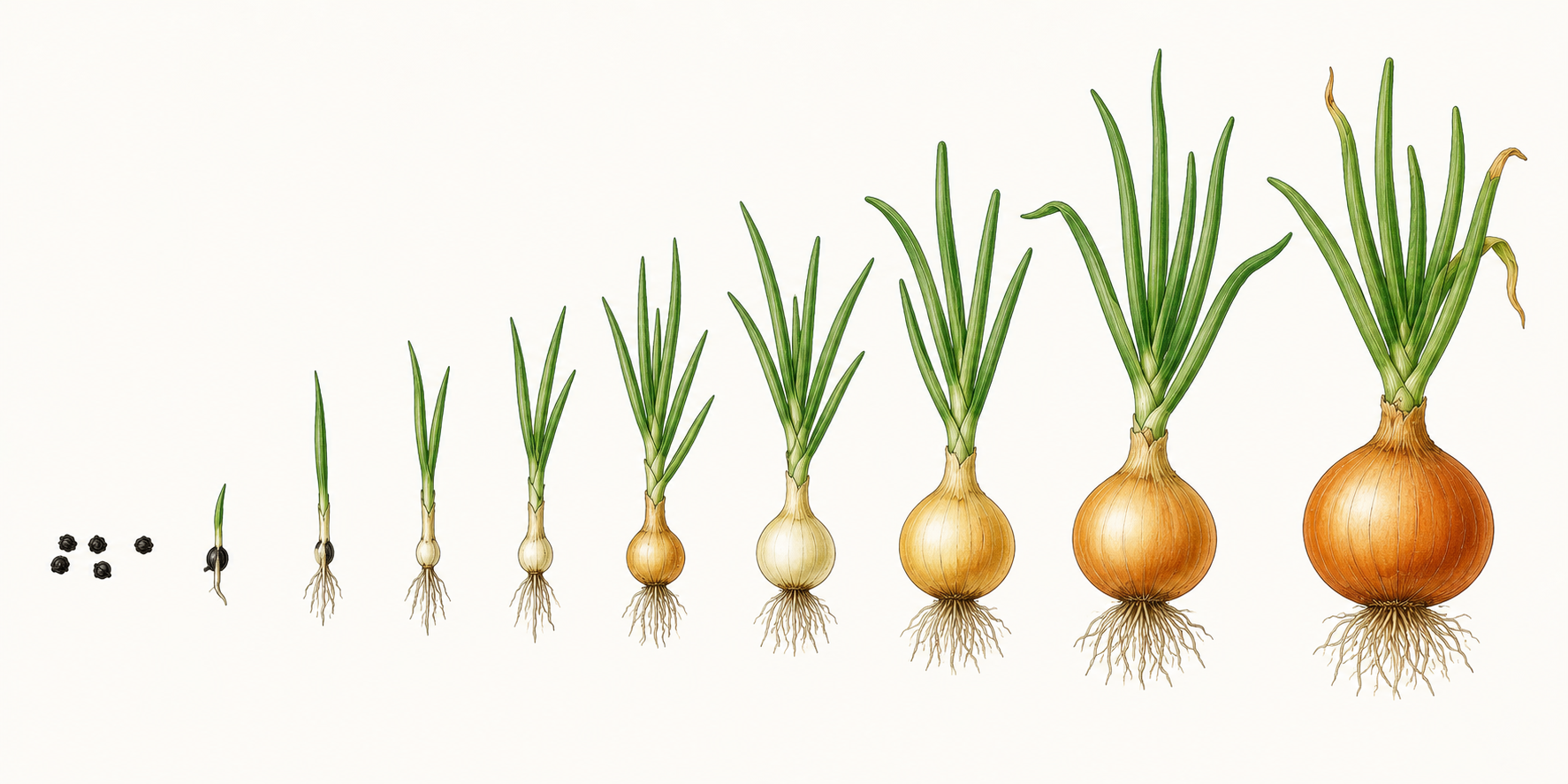 Anbau-Zeitplan für Zwiebel (Allium cepa) mit Monaten für Aussaat, Pflanzung, Pflege und Ernte