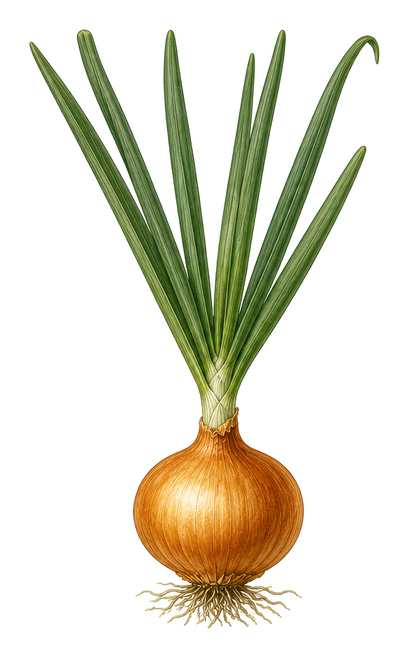 Onion (Allium cepa): whole plant for plant portrait - Alliums, Amaryllis family, Harvest July - September